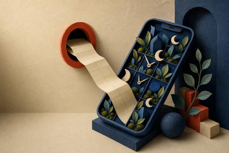 A paper calendar slips through a coral portal into a phone-shaped night garden